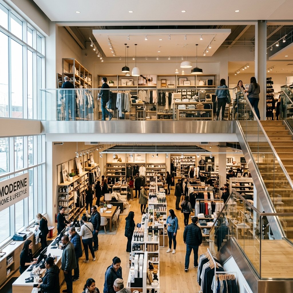 A mezzanine floor installation providing additional shopping space in a retail environment