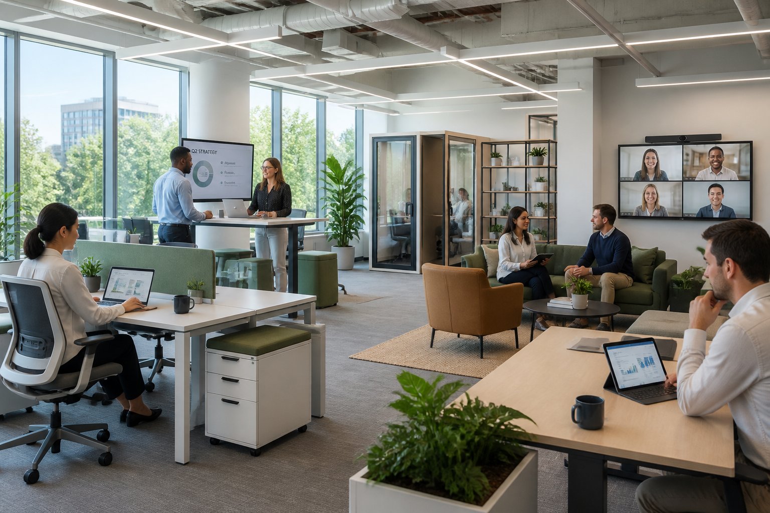 A modern open-plan office with natural light, ergonomic furniture, plants, and people working and collaborating.