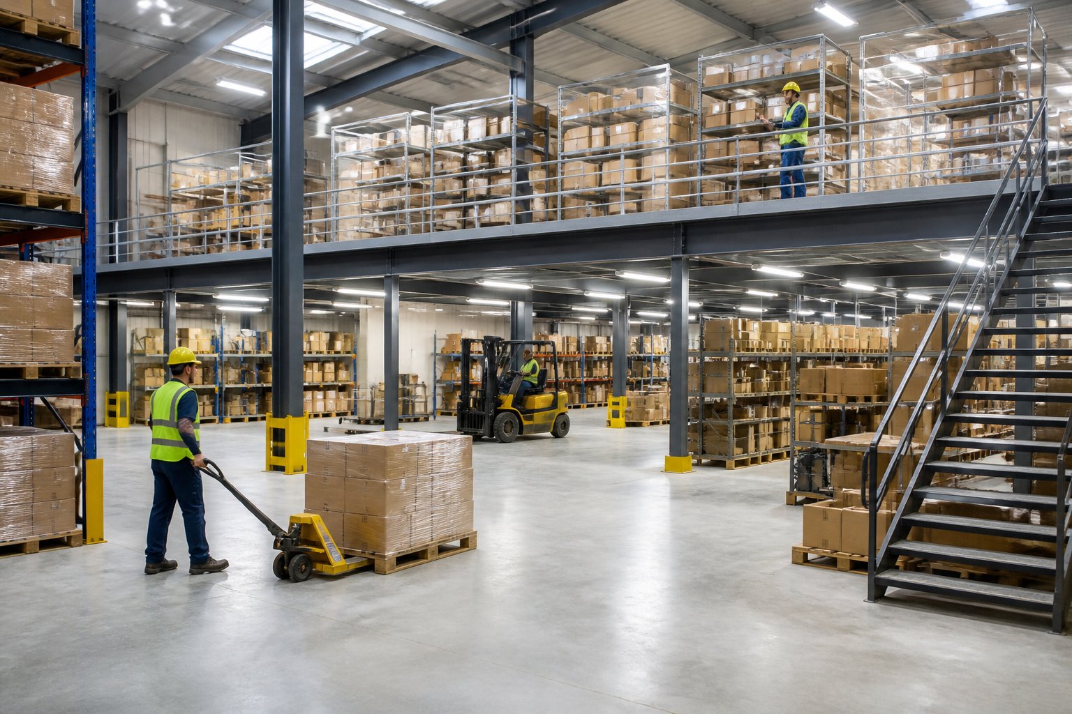 A large warehouse interior with a mezzanine floor used for extra storage, showing organised shelves and workers handling inventory.