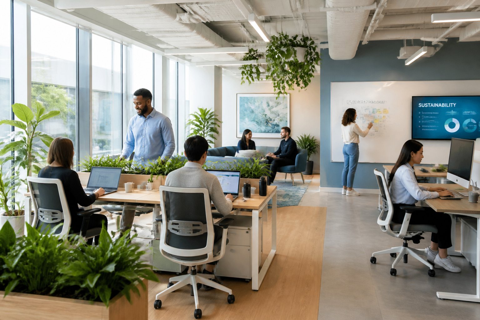 A modern office space with natural light, adjustable desks, diverse seating areas, and people working individually and in groups.