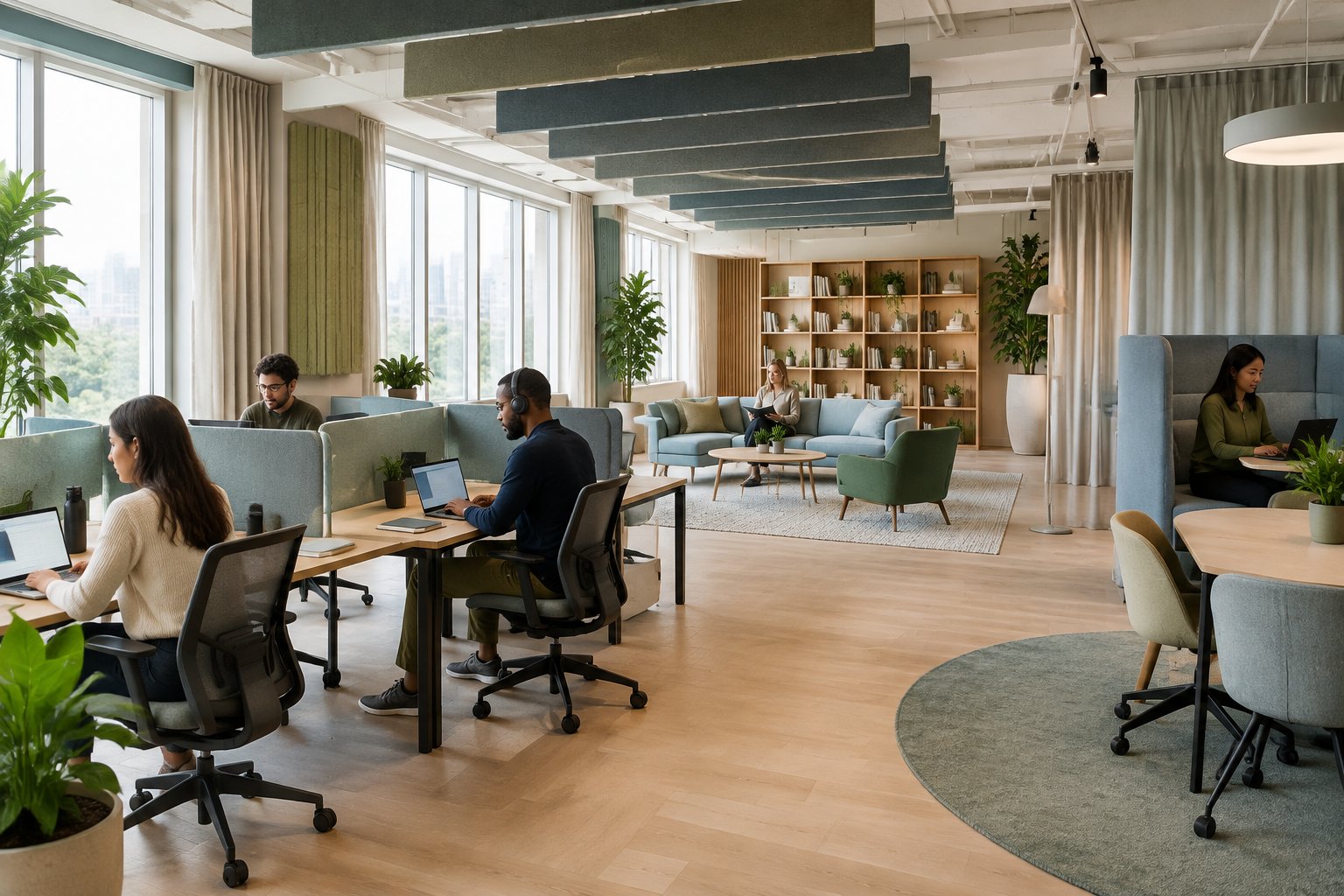 People working quietly in a bright open-plan office with acoustic panels, rugs, plants and soft furnishings.
