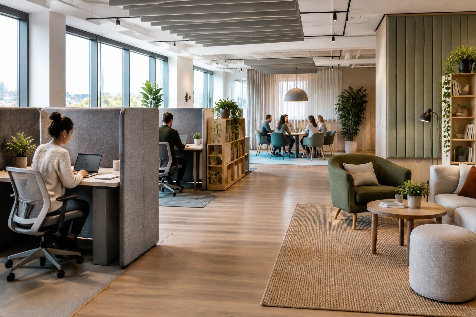 Open-plan office with separate work areas, acoustic screens, soft furnishings, plants, and meeting spaces.