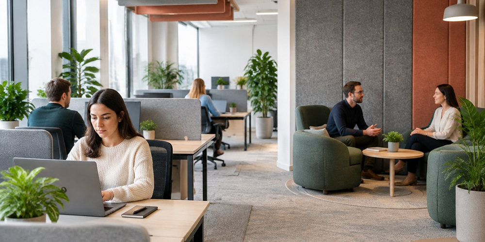 People work and talk quietly in an office with acoustic panels and soft furnishings