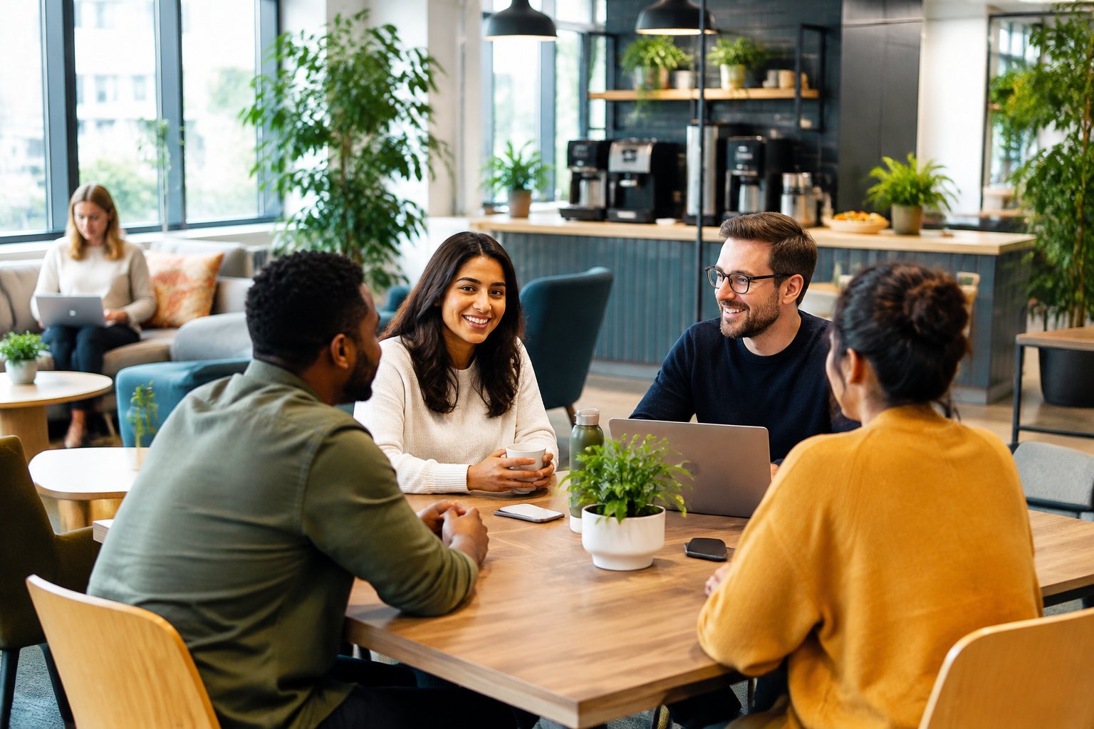 Colleagues chat and collaborate in a bright, comfortable office hub.