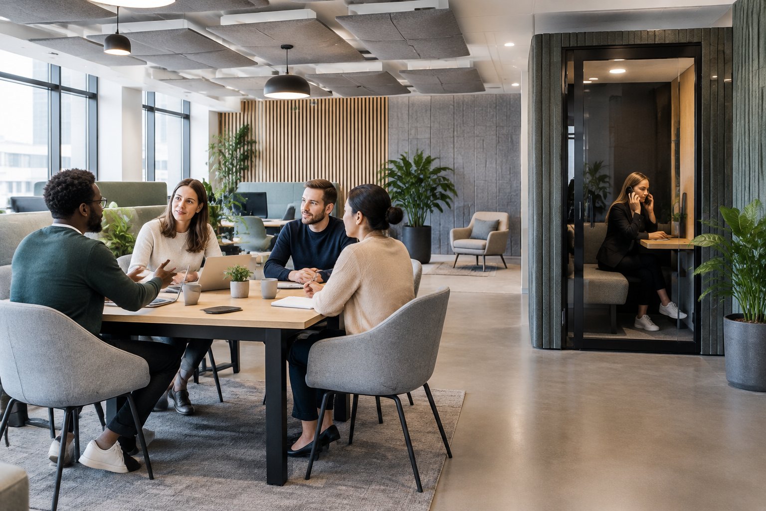 Colleagues talk at a shared table beside a private office booth.