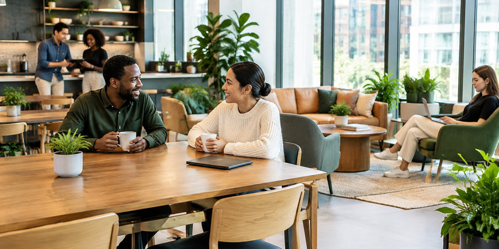 Colleagues chatting and relaxing together in a shared office space