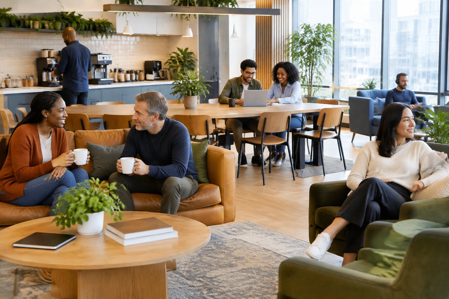 Colleagues chat and work together in a welcoming shared office space.