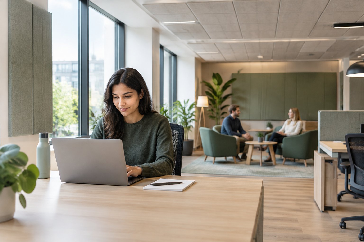 Employees work and talk quietly in a calm, acoustically designed office.